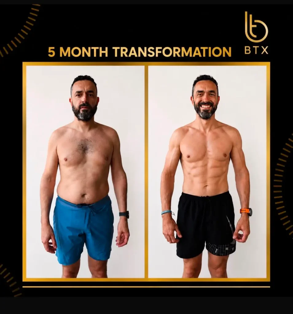 George before and after his 5 month body transformation with BTX London, 23% to 10% body fat