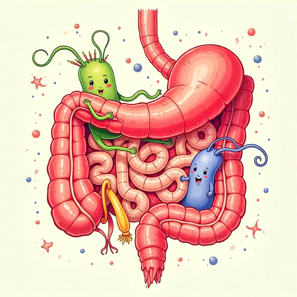 Illustration of the human gut and microbiome