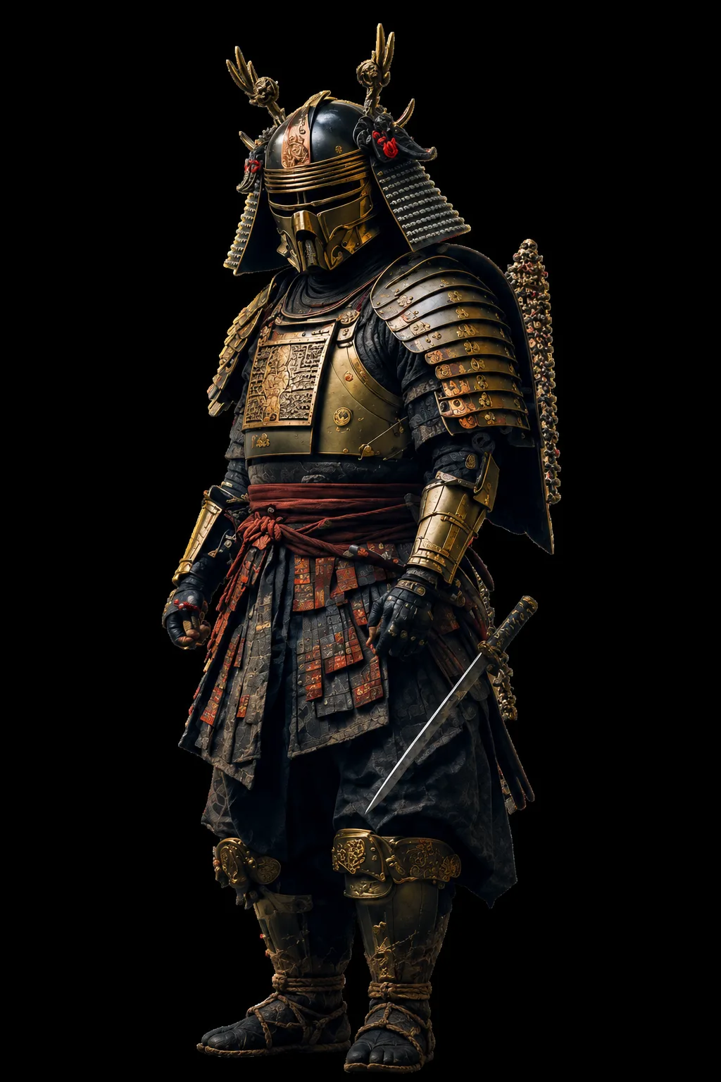 Armoured samurai in black and gold, the Kaizen Warrior emblem