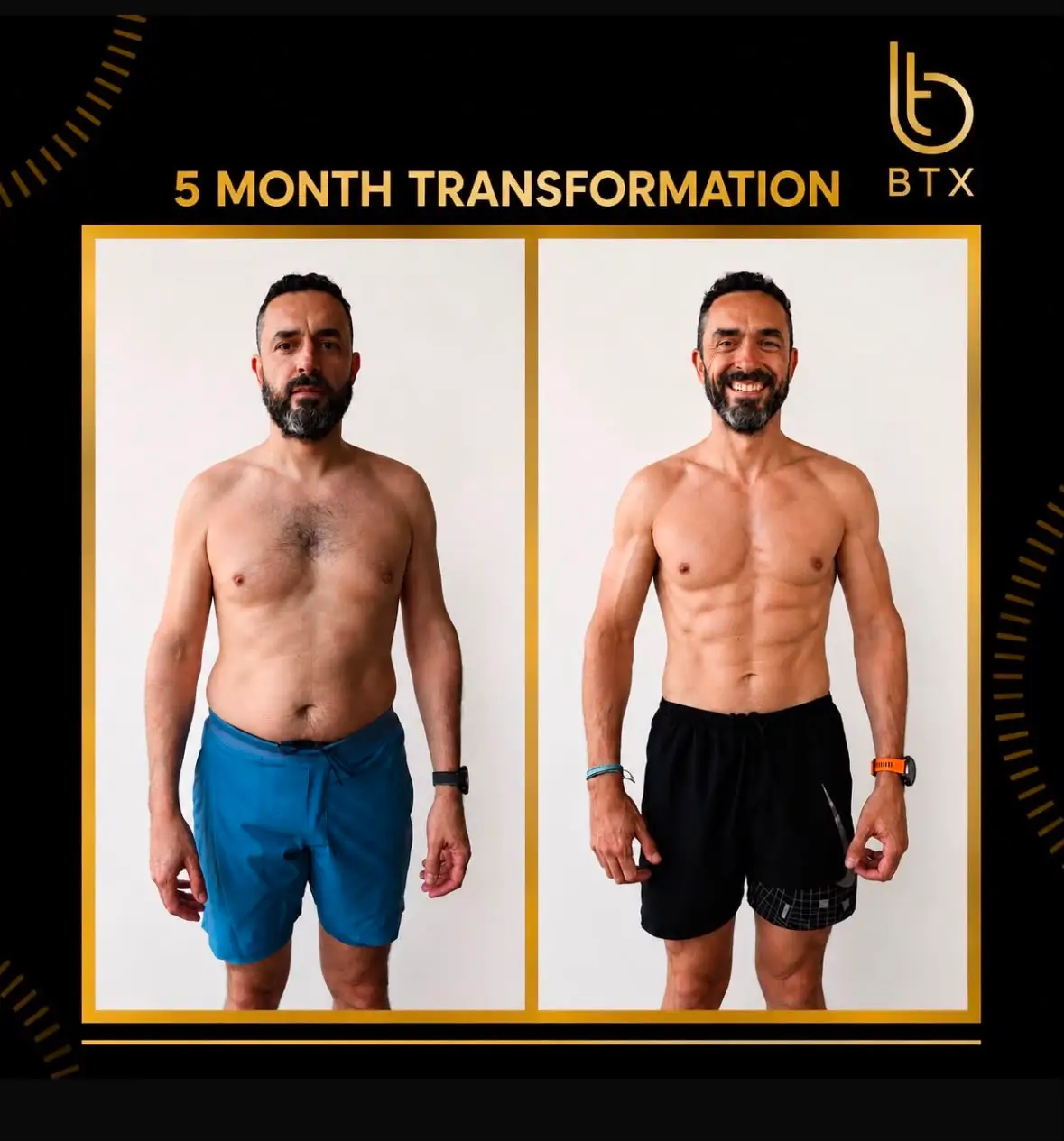 George before and after his 5 month BTX programme, 23% to 10% body fat